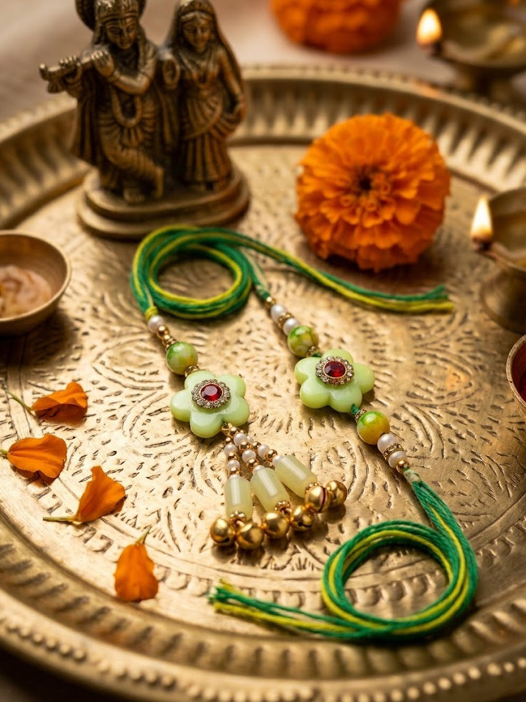 NVR Set of 2 Flower Shape Artificial Stones & Beads Bhaiya Bhabhi Rakhi With Roli Chawal