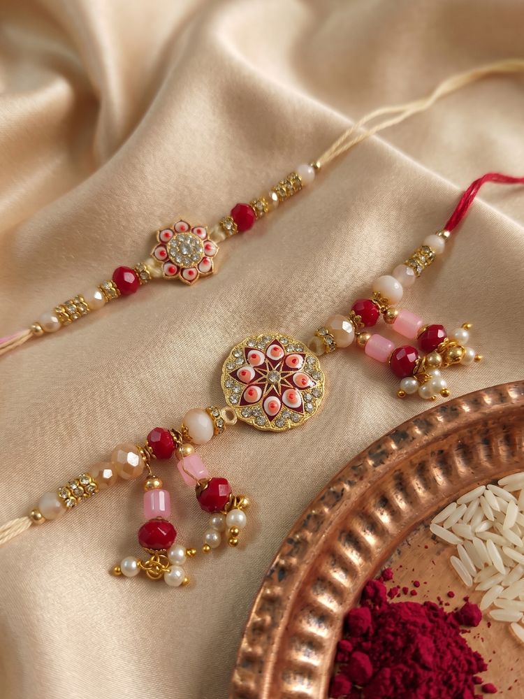 NVR Set of 2 Round Shape Artificial Stones & Beads Bhaiya Bhabhi Rakhi With Roli Chawal