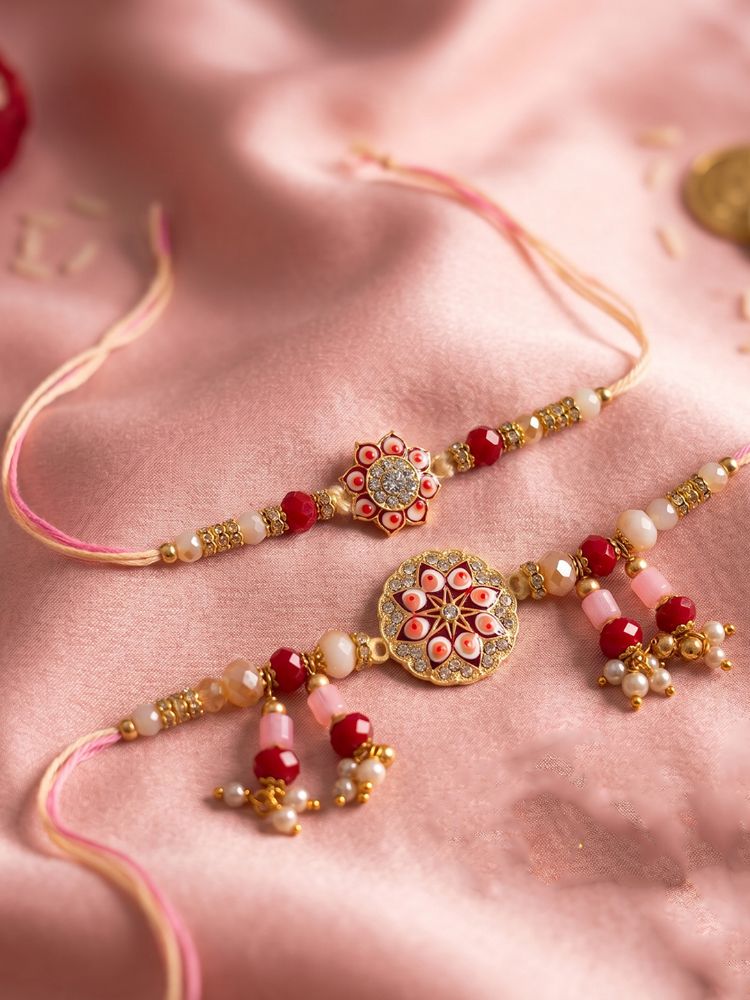 NVR Set of 2 Round Shape Artificial Stones & Beads Bhaiya Bhabhi Rakhi With Roli Chawal