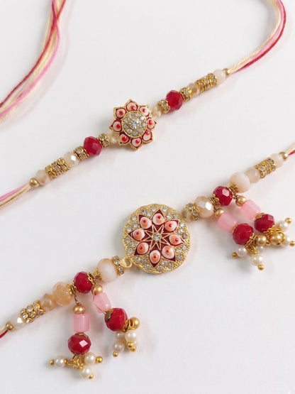 NVR Set of 2 Round Shape Artificial Stones & Beads Bhaiya Bhabhi Rakhi With Roli Chawal