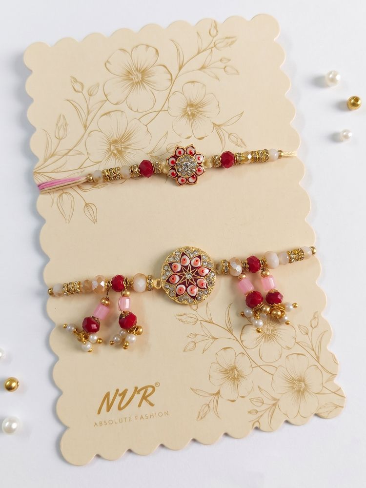 NVR Set of 2 Round Shape Artificial Stones & Beads Bhaiya Bhabhi Rakhi With Roli Chawal