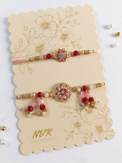 NVR Set of 2 Round Shape Artificial Stones & Beads Bhaiya Bhabhi Rakhi With Roli Chawal
