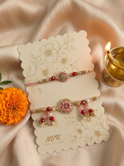 NVR Set of 2 Round Shape Artificial Stones & Beads Bhaiya Bhabhi Rakhi With Roli Chawal