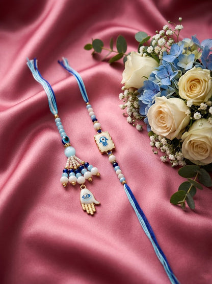 NVR Set of 2 Evil Eye Hand Design Bhaiya Bhabhi Rakhi with Roli Chawal Chandan Mishri