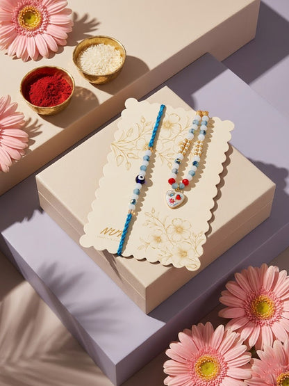 NVR Set of 2 Evil Eye Beaded Gold Toned Bhaiya Bhabhi Rakhi With Roli Chawal Chandan