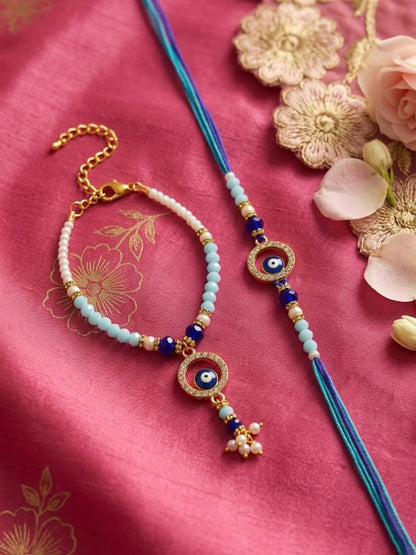 NVR Set of 2 Blue Evil Eye Gold Toned Beaded Bhaiya Bhabhi Rakhi with Roli Chawal Chandan
