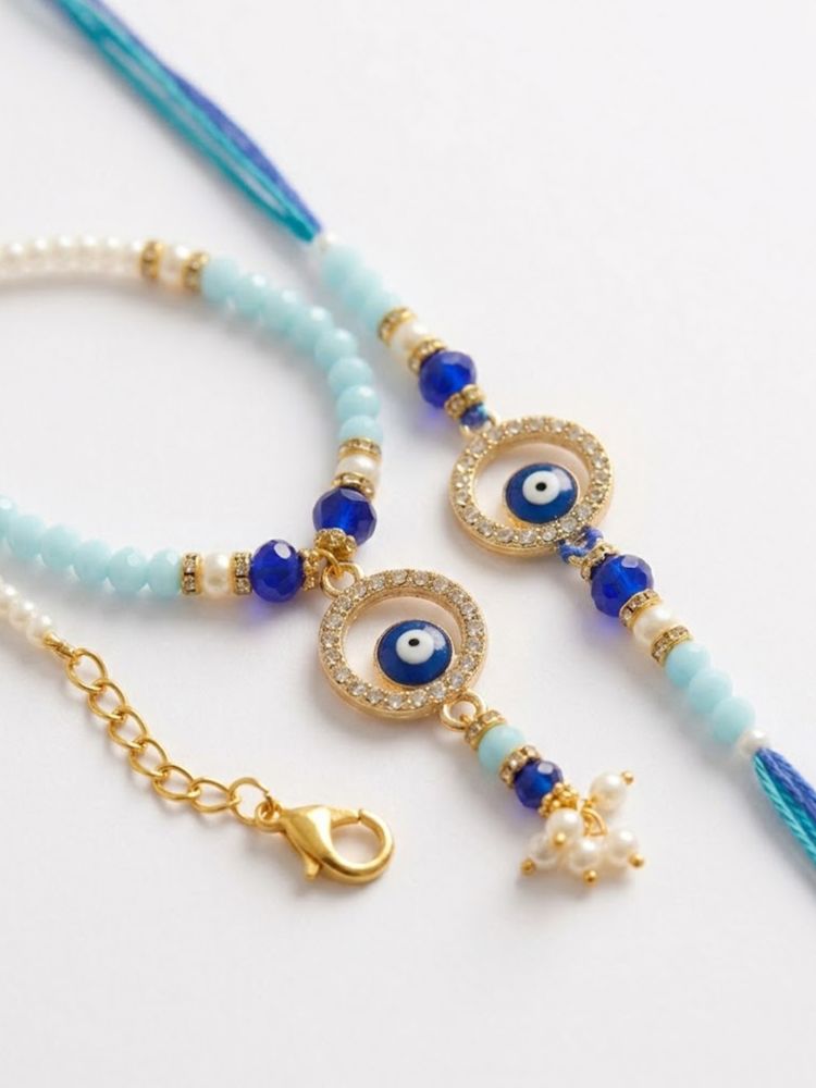 NVR Set of 2 Blue Evil Eye Gold Toned Beaded Bhaiya Bhabhi Rakhi with Roli Chawal Chandan