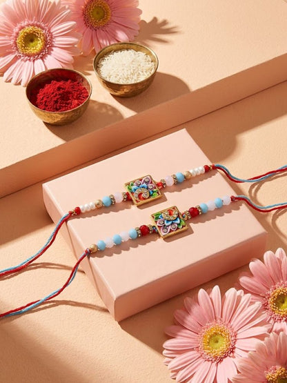 NVR Set of 2 Multicolor Artificial Beads Bhaiya Bhabhi Rakhi With Roli Chawal Chandan