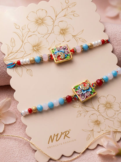 NVR Set of 2 Multicolor Artificial Beads Bhaiya Bhabhi Rakhi With Roli Chawal Chandan