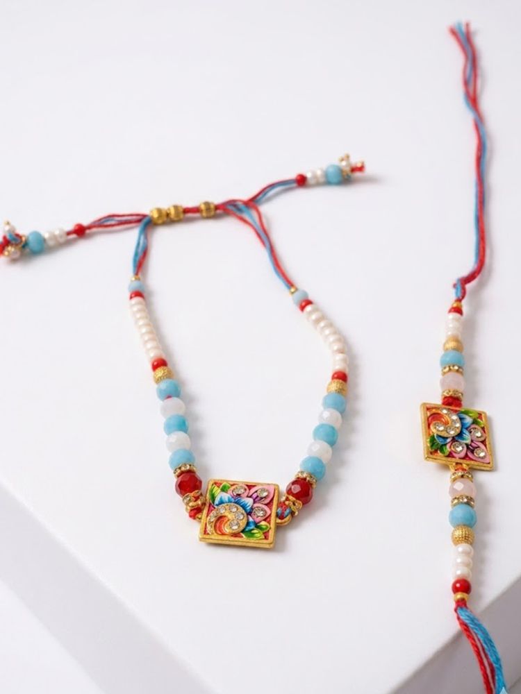 NVR Set of 2 Multicolor Artificial Beads Bhaiya Bhabhi Rakhi With Roli Chawal Chandan