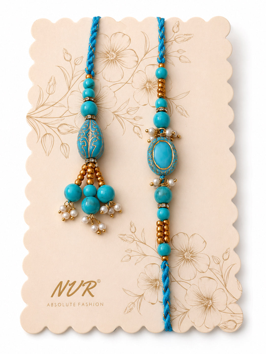 NVR Set of 2 Turquoise Blue Artificial Beads Bhaiya Bhabhi Rakhi with Roli Chawal Chandan
