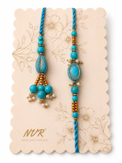 NVR Set of 2 Turquoise Blue Artificial Beads Bhaiya Bhabhi Rakhi with Roli Chawal Chandan
