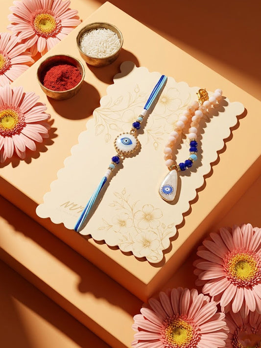 NVR Set of 2 Gold Toned Evil Eye Beaded Bhaiya Bhabhi Rakhi With Roli Chawal Chandan