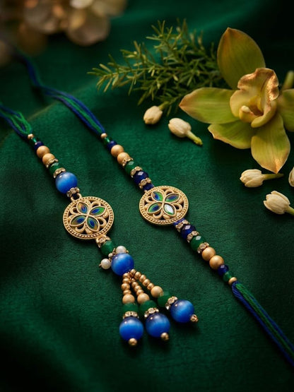 NVR Set of 2 Blue Artificial Beads Morpankh Style Bhaiya Bhabhi Rakhi with Roli Chawal