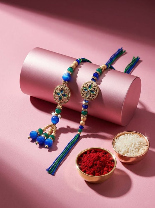 NVR Set of 2 Blue Artificial Beads Morpankh Style Bhaiya Bhabhi Rakhi with Roli Chawal