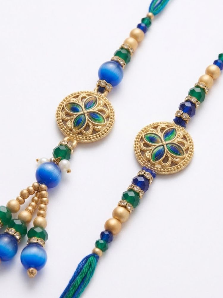 NVR Set of 2 Blue Artificial Beads Morpankh Style Bhaiya Bhabhi Rakhi with Roli Chawal