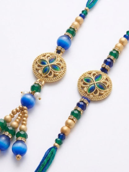 NVR Set of 2 Blue Artificial Beads Morpankh Style Bhaiya Bhabhi Rakhi with Roli Chawal