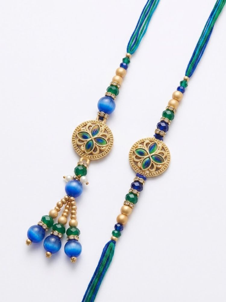 NVR Set of 2 Blue Artificial Beads Morpankh Style Bhaiya Bhabhi Rakhi with Roli Chawal