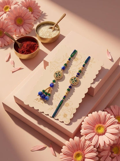 NVR Set of 2 Blue Artificial Beads Morpankh Style Bhaiya Bhabhi Rakhi with Roli Chawal