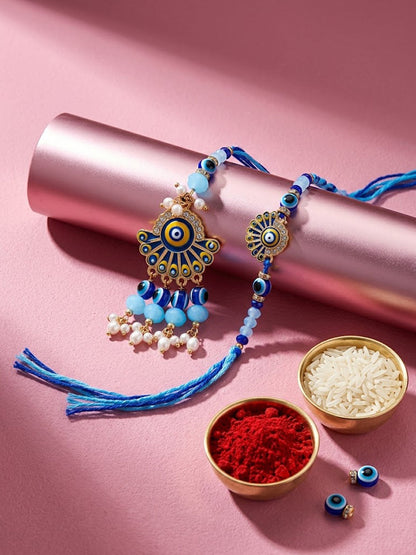 NVR Set of 2 Blue Evil Eye Artificial Beads Bhaiya Bhabhi Rakhi With Roli Chawal