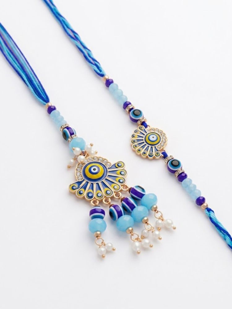 NVR Set of 2 Blue Evil Eye Artificial Beads Bhaiya Bhabhi Rakhi With Roli Chawal