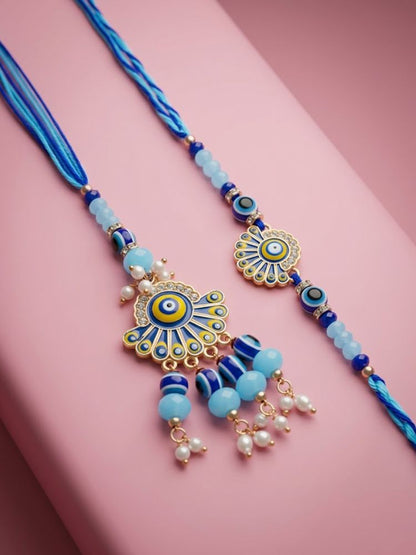 NVR Set of 2 Blue Evil Eye Artificial Beads Bhaiya Bhabhi Rakhi With Roli Chawal