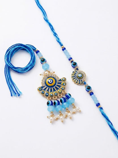 NVR Set of 2 Blue Evil Eye Artificial Beads Bhaiya Bhabhi Rakhi With Roli Chawal
