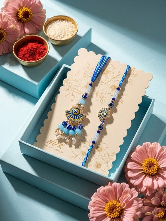 NVR Set of 2 Blue Evil Eye Artificial Beads Bhaiya Bhabhi Rakhi With Roli Chawal
