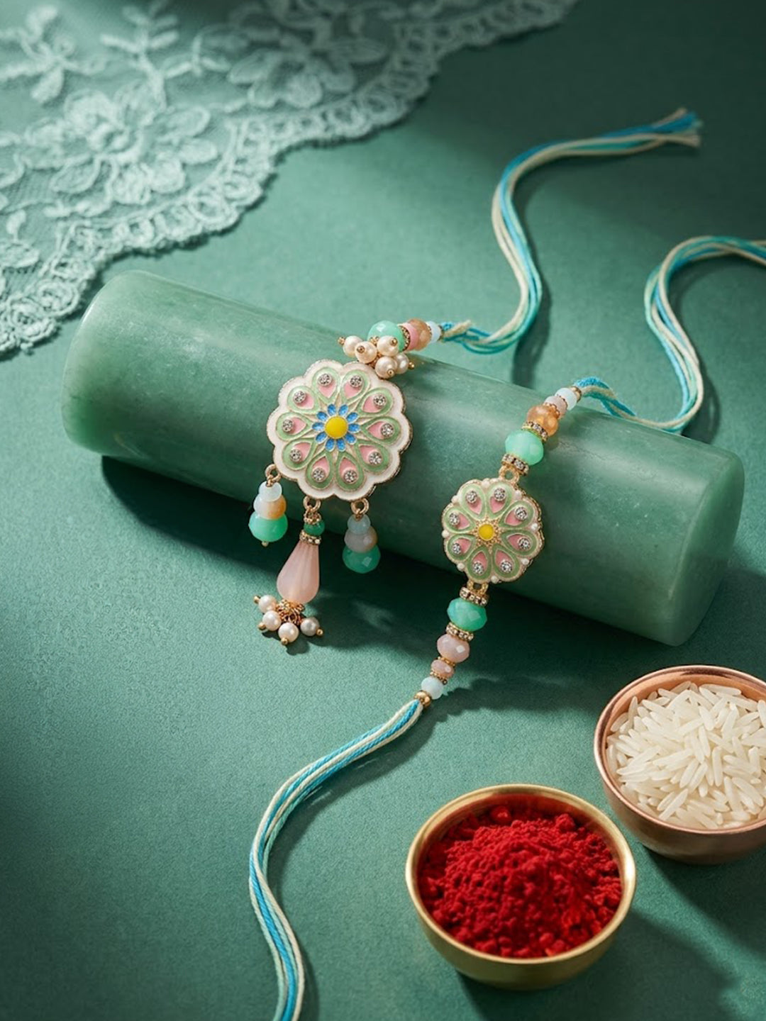 NVR Set of 2 Round Artificial Beads Traditional Bhaiya Bhabhi Rakhi with Roli Chawal