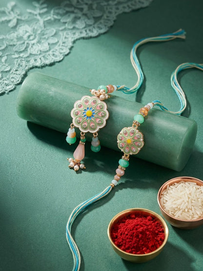 NVR Set of 2 Round Artificial Beads Traditional Bhaiya Bhabhi Rakhi with Roli Chawal