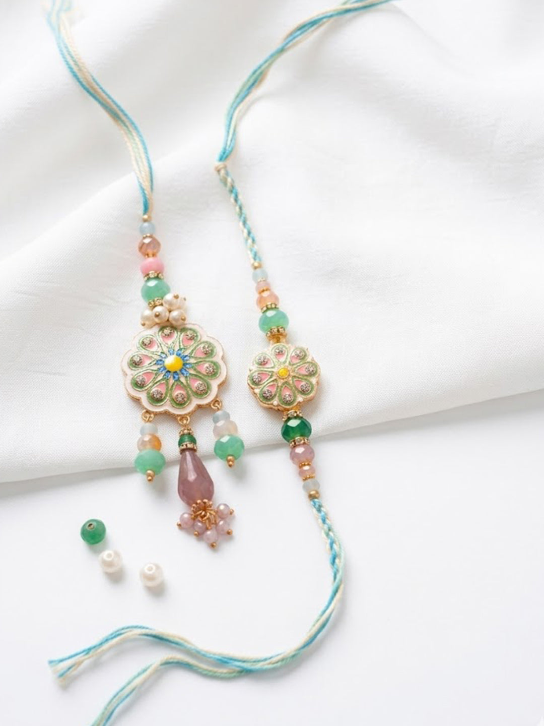 NVR Set of 2 Round Artificial Beads Traditional Bhaiya Bhabhi Rakhi with Roli Chawal