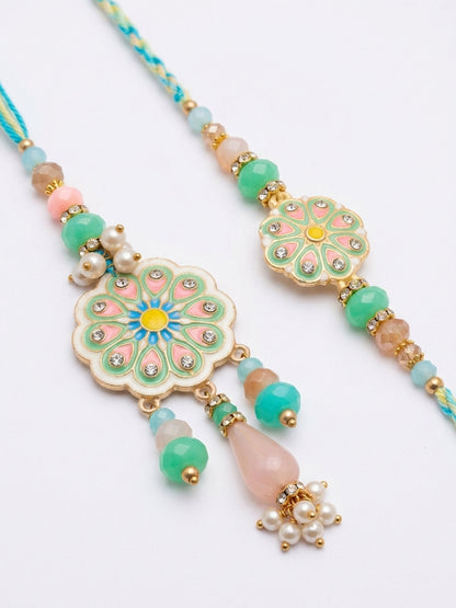 NVR Set of 2 Round Artificial Beads Traditional Bhaiya Bhabhi Rakhi with Roli Chawal