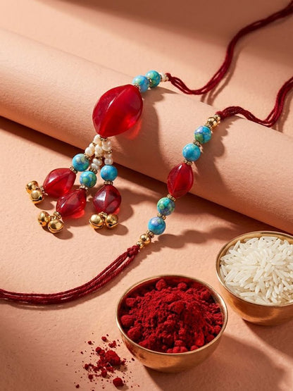 NVR Set of 2 Artificial Beads & Gold Toned Ghungroo Bhaiya Bhabhi Rakhi with Roli Chawal