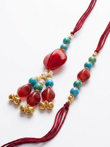 NVR Set of 2 Artificial Beads & Gold Toned Ghungroo Bhaiya Bhabhi Rakhi with Roli Chawal