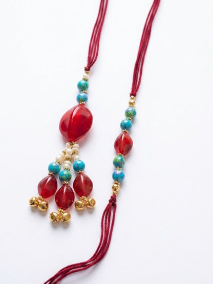 NVR Set of 2 Artificial Beads & Gold Toned Ghungroo Bhaiya Bhabhi Rakhi with Roli Chawal