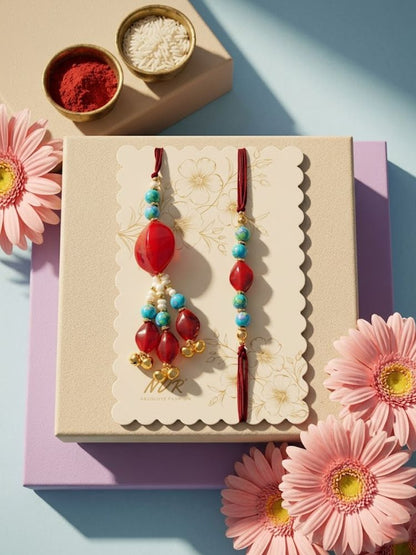 NVR Set of 2 Artificial Beads & Gold Toned Ghungroo Bhaiya Bhabhi Rakhi with Roli Chawal