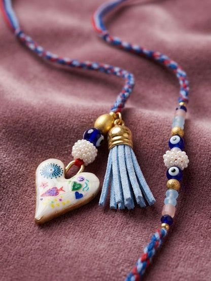 NVR Set of 2 Evil Eye Beaded Heart Shape Bhaiya Bhabhi Rakhi with Roli Chawal Chandan