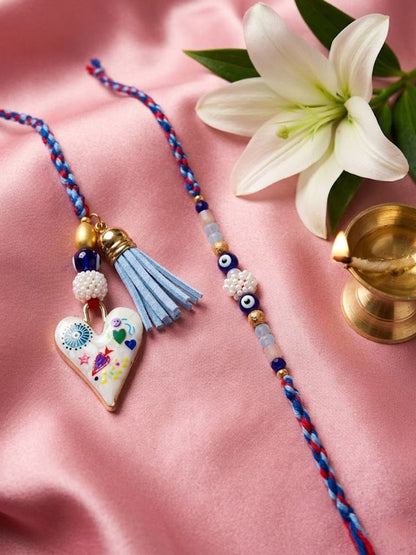 NVR Set of 2 Evil Eye Beaded Heart Shape Bhaiya Bhabhi Rakhi with Roli Chawal Chandan