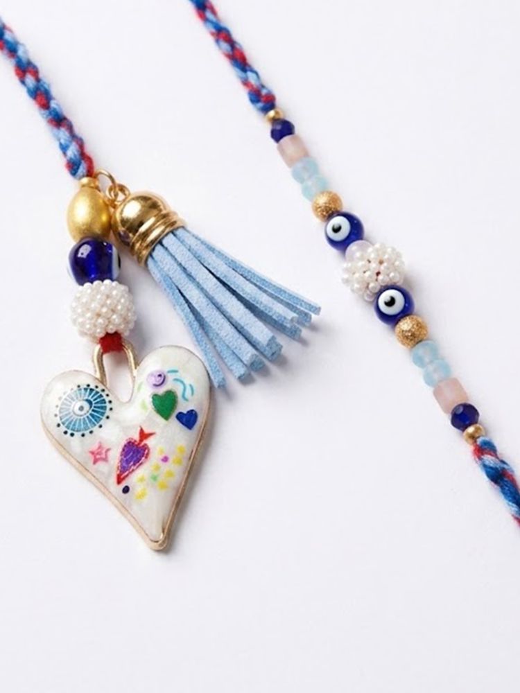 NVR Set of 2 Evil Eye Beaded Heart Shape Bhaiya Bhabhi Rakhi with Roli Chawal Chandan