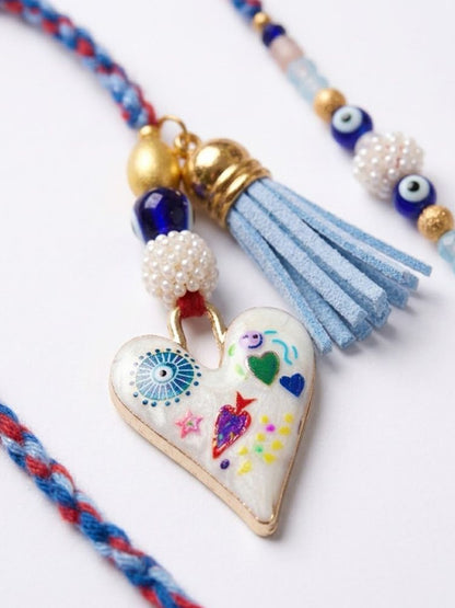 NVR Set of 2 Evil Eye Beaded Heart Shape Bhaiya Bhabhi Rakhi with Roli Chawal Chandan