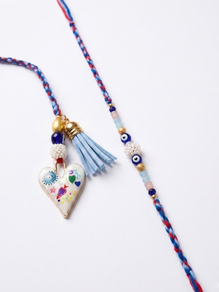 NVR Set of 2 Evil Eye Beaded Heart Shape Bhaiya Bhabhi Rakhi with Roli Chawal Chandan
