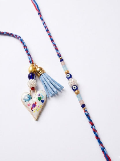 NVR Set of 2 Evil Eye Beaded Heart Shape Bhaiya Bhabhi Rakhi with Roli Chawal Chandan