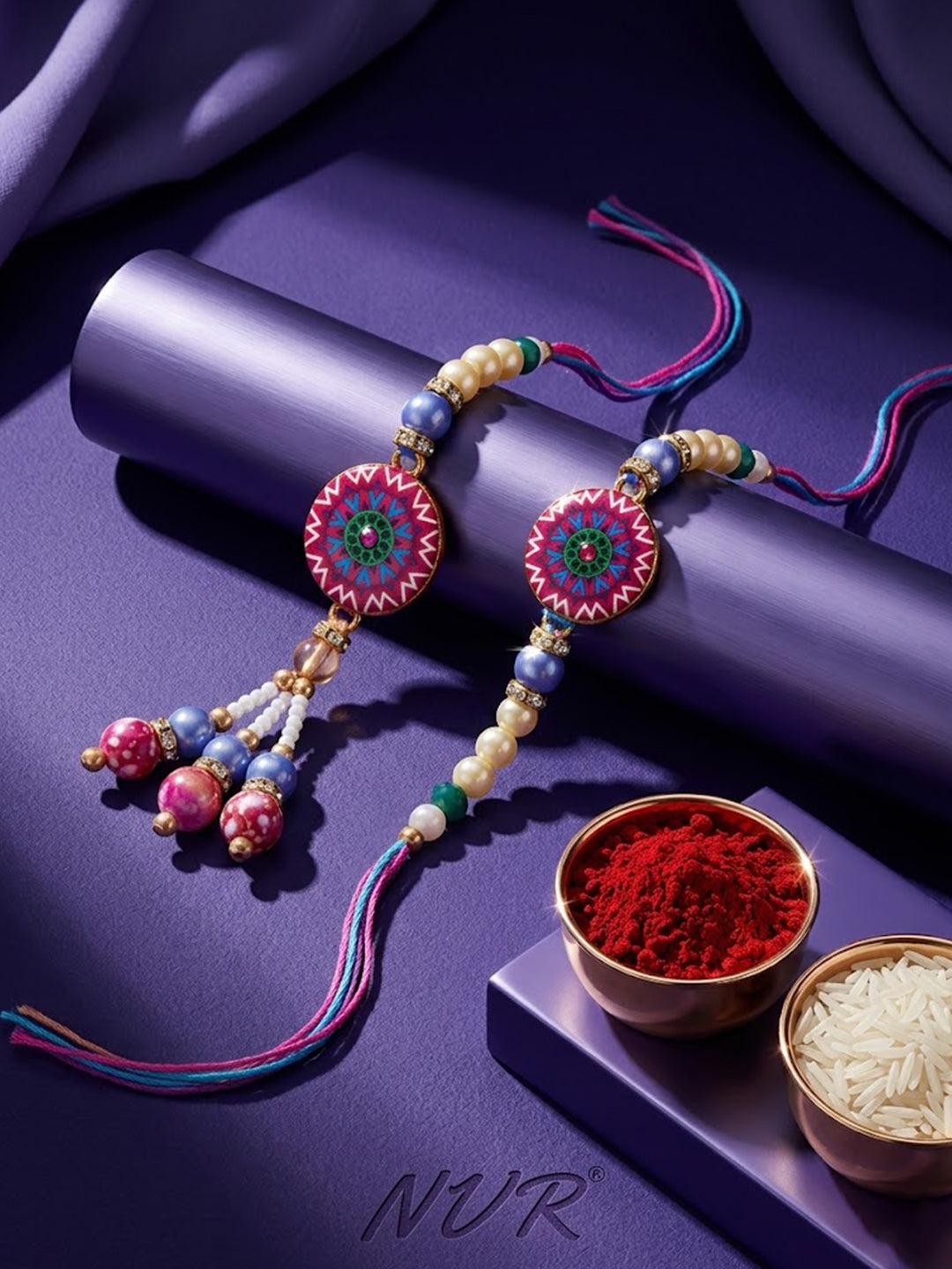 NVR Set of 2 Artificial Stones & Beads Floral Design Bhaiya Bhabhi Rakhi with Roli Chawal