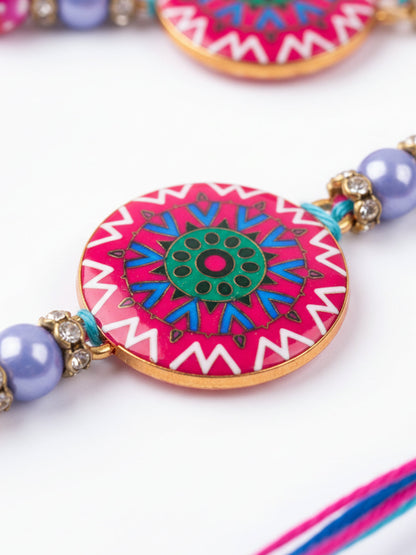 NVR Set of 2 Artificial Stones & Beads Floral Design Bhaiya Bhabhi Rakhi with Roli Chawal