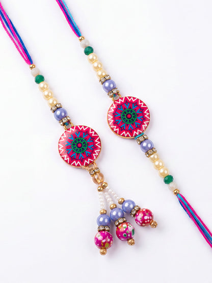 NVR Set of 2 Artificial Stones & Beads Floral Design Bhaiya Bhabhi Rakhi with Roli Chawal