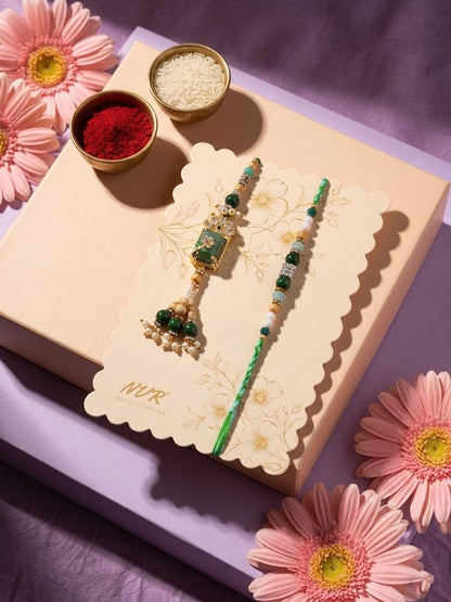 NVR Set of 2 Green Artificial Beads Traditional Bhaiya Bhabhi Rakhi with Roli Chawal