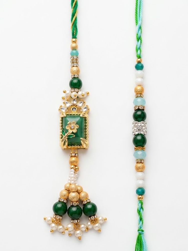 NVR Set of 2 Green Artificial Beads Traditional Bhaiya Bhabhi Rakhi with Roli Chawal