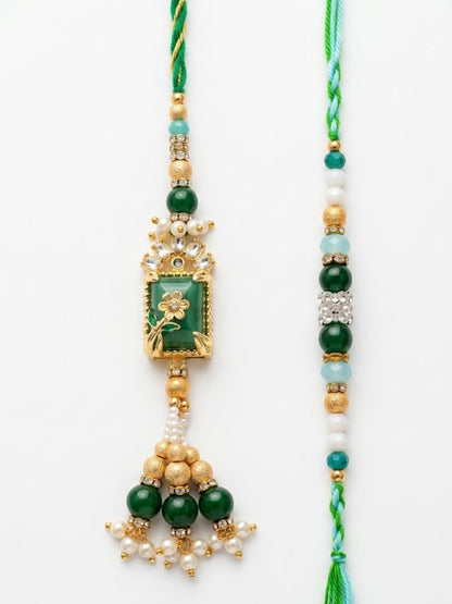 NVR Set of 2 Green Artificial Beads Traditional Bhaiya Bhabhi Rakhi with Roli Chawal