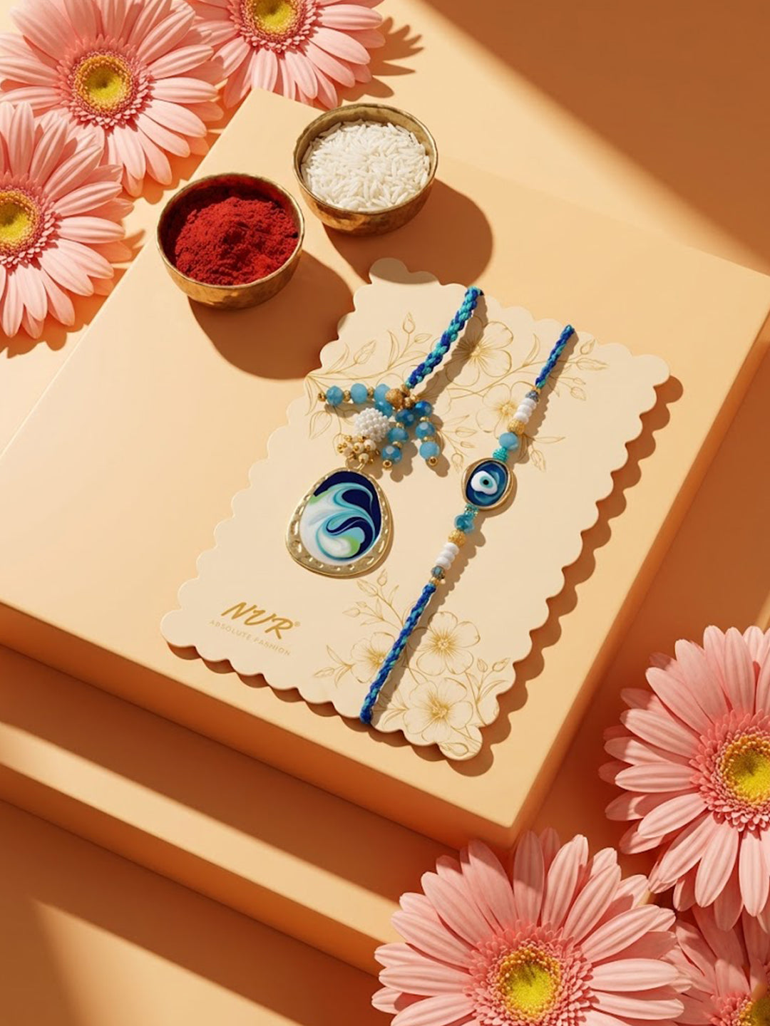 NVR Set of 2 Blue Evil Eye Traditional Gold Toned Bhaiya Bhabhi Rakhi with Roli Chawal
