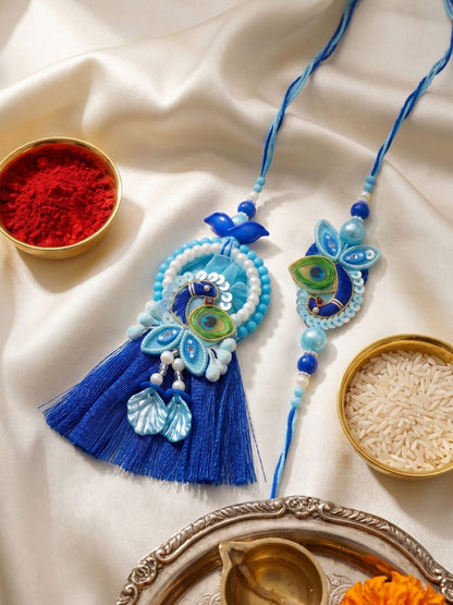 NVR Set of 2 Peacock Design Bhaiya Bhabhi Rakhi with Roli Chawal Chandan Mishri